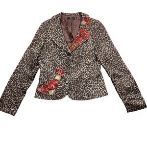 JÔN 6 Leopard Print Lined Embellished Sequined Long Sleeve Jacket Poly Blend